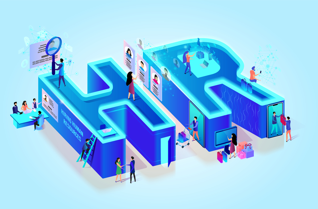 Isometric 3d Creative Letters HR. Human Resource. Little People in Neon City. Job Search. Interviewing, Assessment, Recruitment Agency. Hiring Employee Using Smart Technology. Flat Vector Illustration