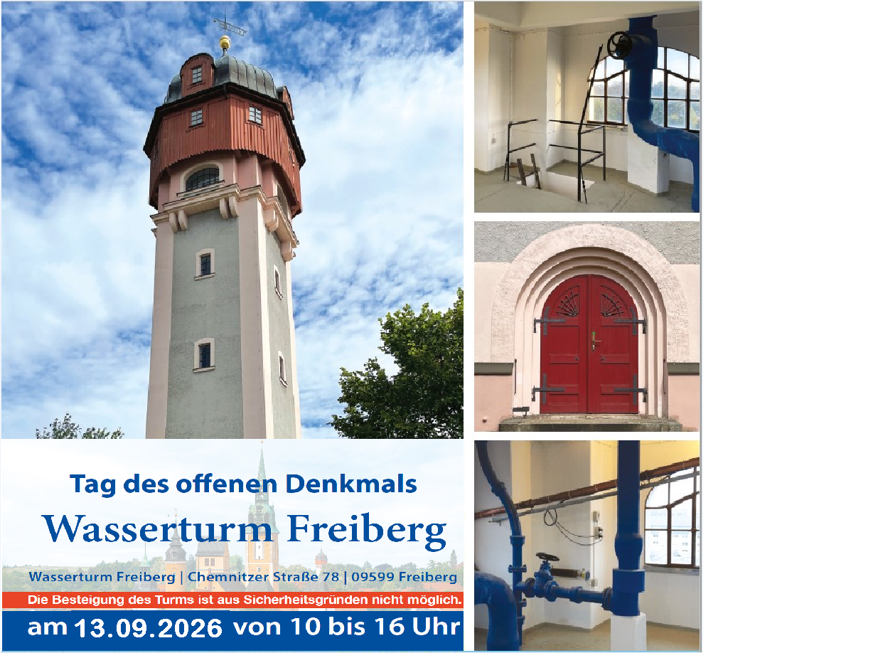 Ansicht des Wasserturmes innen und au&szlig;en sowie das Werbebanner zum Tag des Denkmals 2026